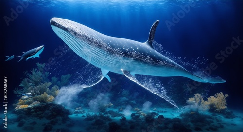An awe-inspiring underwater world with a majestic humpback whale gracefully swimming through a vast expanse of deep blue ocean