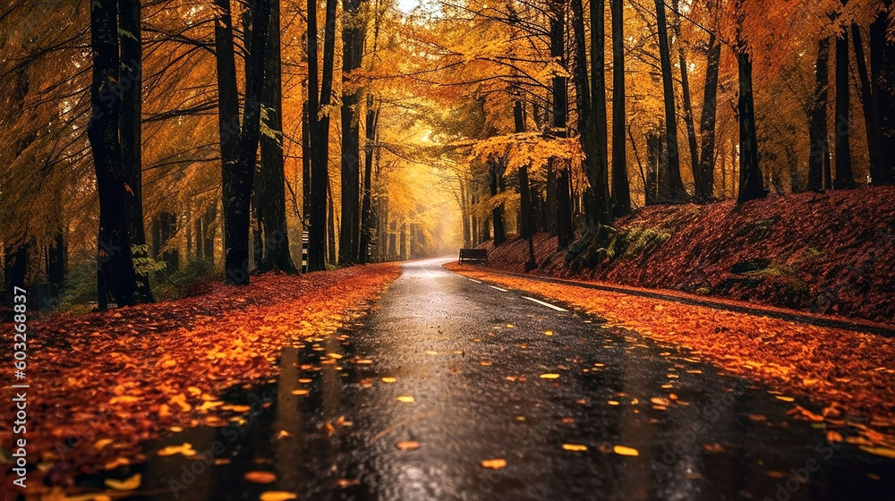 Hermoso camino largo en la temporada de otoño bordeado de árboles con hojas de colores (Ia Generativa)