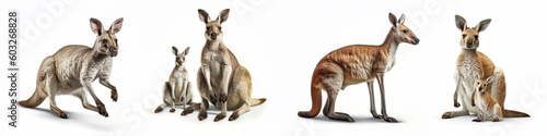 Wildlife zoo australien kangaroos animals banner panorama long - Collection of sitting, standing, running group of kangoroo (macropodidae) family with baby, isolated on white background, Generative Ai