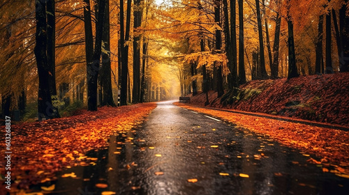 Hermoso camino largo en la temporada de otoño bordeado de árboles con hojas de colores (Ia Generativa)