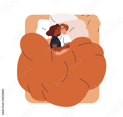 Love couple sleeping in bed, top view. Asleep man and woman, lying under duvet, hugging, embracing. Young sweet romantic valentines. Flat graphic vector illustration isolated on white background