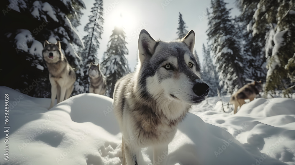 Snow wolf in nature. Generative AI Snow wolf in nature. Generative AI
