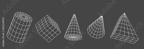 Fototapeta Naklejka Na Ścianę i Meble -  Wireframe geometric shapes 3d render. Abstract digital objects from line grid. Polygonal figures of cylinder, cube box, cone, triangle, isolated outline graphic elements, icons set. 3D illustration