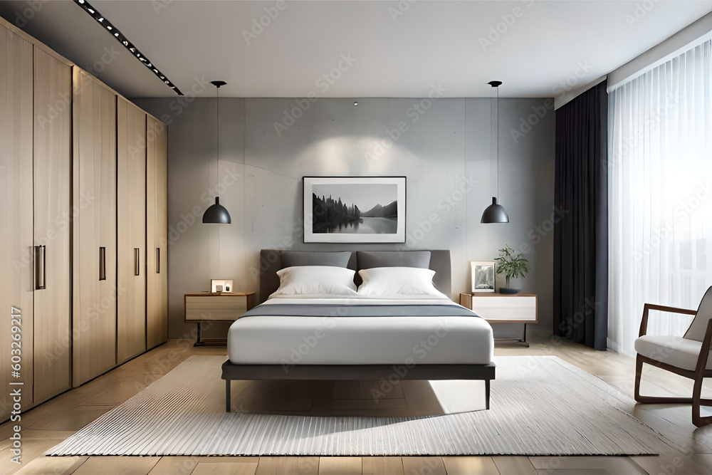 Interior design of a minimalist bedroom with luxurious fabrics, light colors, and big glass windows that exudes tranquility and simplicity | Generative AI Interior design of a minimalist bedroom with luxurious fabrics, light colors, and big glass windows that exudes tranquility and simplicity | Generative AI