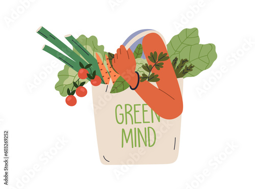 Tote bag in hand, green grocery products, organic food, healthy vegetables. Local market shopping, zero waste, eco vegetarian lifestyle concept. Flat vector illustration isolated on white background