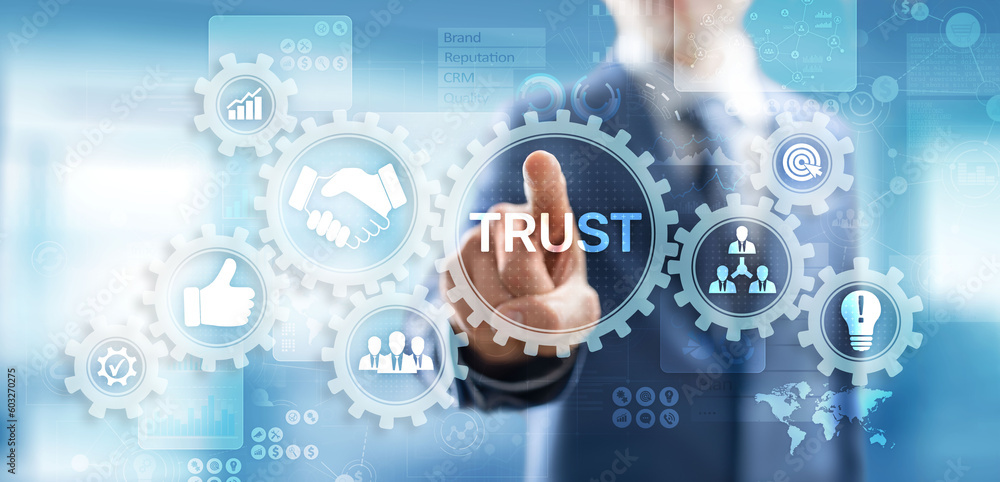 Trust customer relations reliability business concept. Pointing and pressing on virtual screen. Trust customer relations reliability business concept. Pointing and pressing on virtual screen.