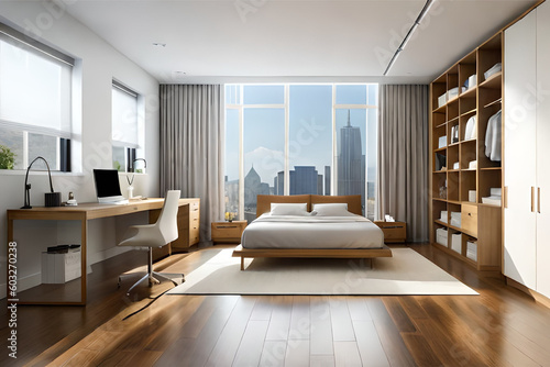 Interior design of a minimalist bedroom with luxurious fabrics, light colors, and big glass windows that exudes tranquility and simplicity | Generative AI