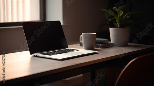 Laptop on wooden table, cup of fresh coffee beside, window designer or programmer workplace in office, elegant workspace, home office concept. Scandinavian interior design. AI generated