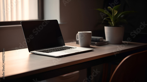 Wallpaper Mural Laptop on wooden table, cup of fresh coffee beside, window designer or programmer workplace in office, elegant workspace, home office concept. Scandinavian interior design. AI generated Torontodigital.ca