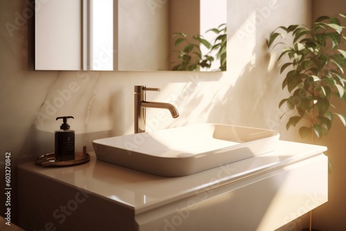 luxury counter cabinet faucet interior sunlight design bathroom sink modern house. Generative AI.