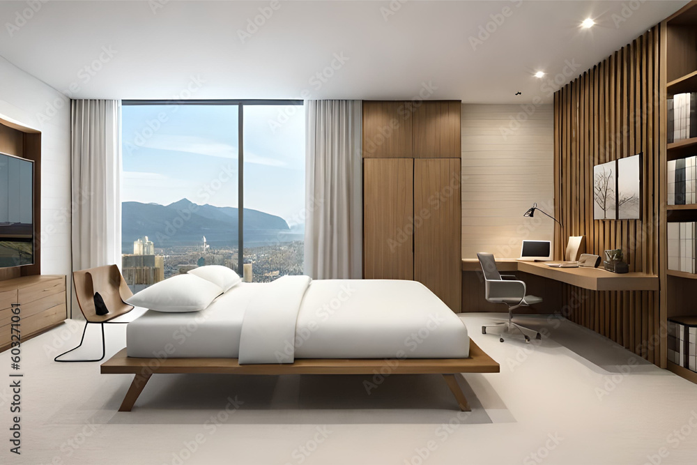 Interior design of a minimalist bedroom with luxurious fabrics, light colors, and big glass windows that exudes tranquility and simplicity | Generative AI Interior design of a minimalist bedroom with luxurious fabrics, light colors, and big glass windows that exudes tranquility and simplicity | Generative AI