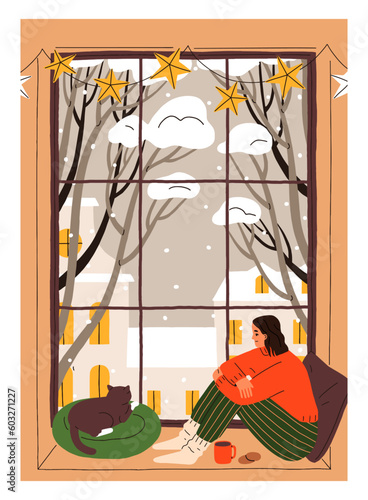Woman and cute cat on cozy windowsill at home. Person and kitty sitting, watching through window on winter holiday, leisure time, Christmas eve. Vertical Xmas vacation card. Flat vector illustration