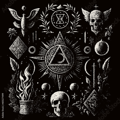 Occult symbols composition in dotwork style. Abstract mystic elements, Skull, candles and sacred triangle with eye in retro flat lay composition.