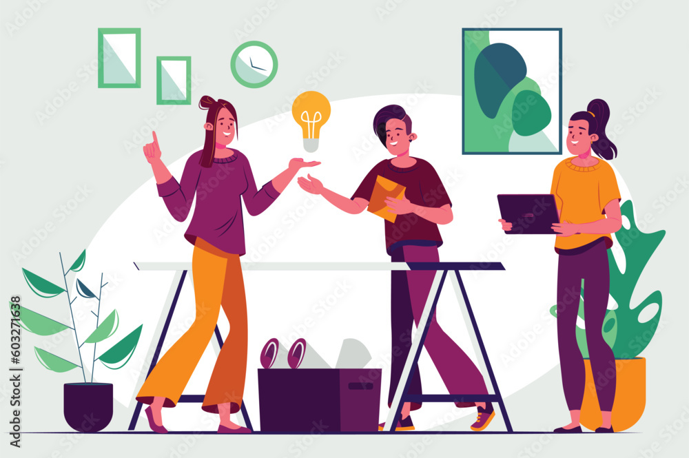 Team brainstorm concept with people scene in the flat cartoon design. A team of specialists solve various issues during a brainstorming session. Vector illustration. Team brainstorm concept with people scene in the flat cartoon design. A team of specialists solve various issues during a brainstorming session. Vector illustration.