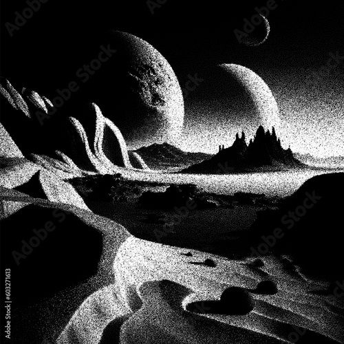 Alien planet landscape in retro dotwork style. Planets and satellites over unknown planet in space. Sci-fi world landscape beyond our galaxy.