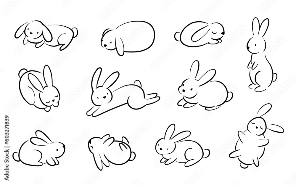 Naklejka premium Set of Easter bunny in simple one line style. Black Rabbit icon. line drawing of easter rabbit black and white minimalist hand drawn vector illustration. Isolated on white background.