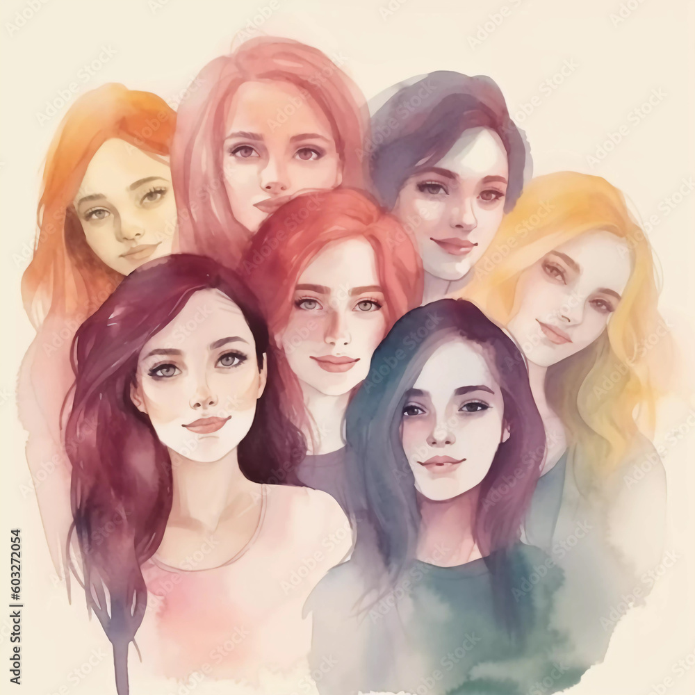 Watercolor Style Illustration: Joyful Women's Group Celebrating International Women's Day, Created by Generative AI
