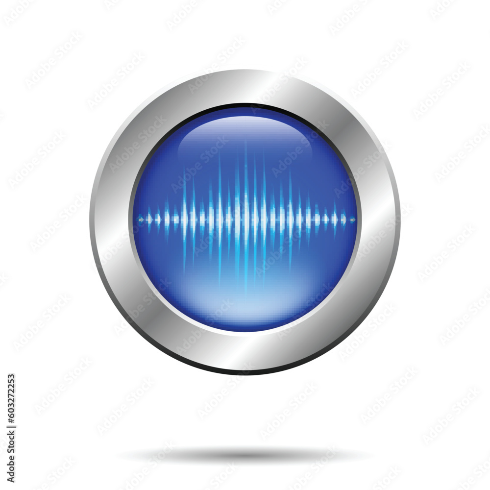 Silver button with blue sound wave sign Silver button with blue sound wave sign