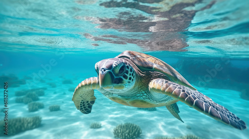 Giant turtle in the ocean. The Maldives island. Generative AI © piai