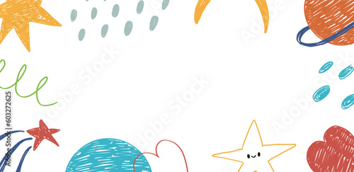 Abstract vector colorful background pencil drawing with star heart and abstract forms colorful frame