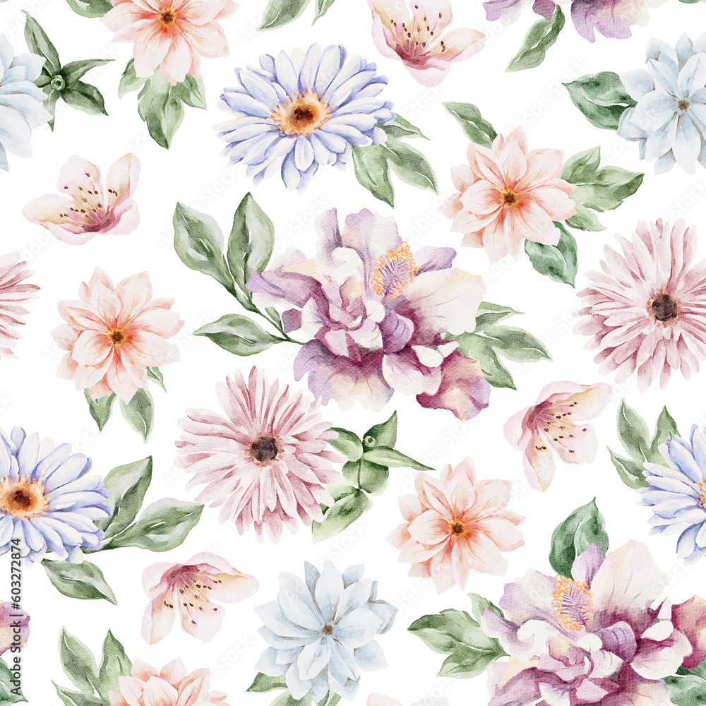 Spring flower set floral watercolor hi res cozy boho groovy composition seamless pattern - obrazy, fototapety, plakaty 