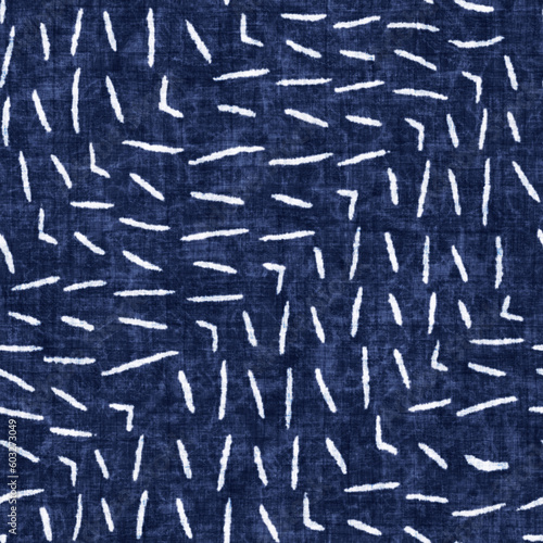 Indigo-Dyed Effect Irregular Dashed Graphic Motif Textured Pattern. 