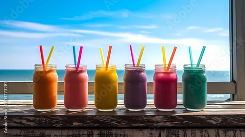 Assortment of fruit smoothies against a beach background. Generative AI