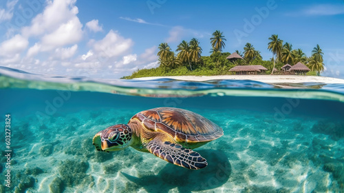 Giant turtle in the ocean. The Maldives island. Generative AI