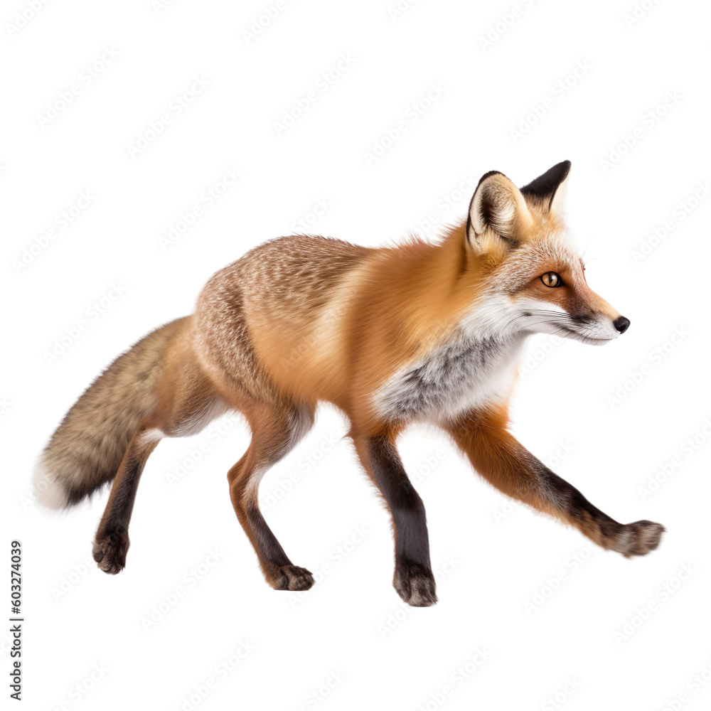 side view of animal fox running on transparent background, Generative Ai