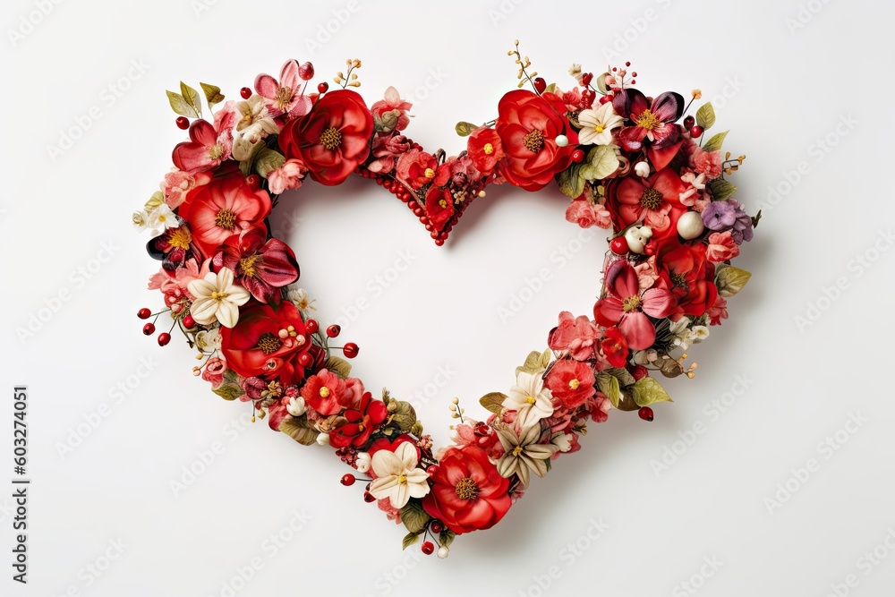 Elegant valentines day heart wreath with flowers on white background, for love and romantic purposes, gift cards and invitations, weddings - generative ai