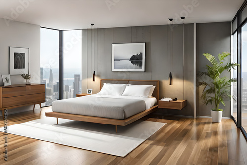 Interior design of a minimalist bedroom with luxurious fabrics  light colors  and big glass windows that exudes tranquility and simplicity   Generative AI