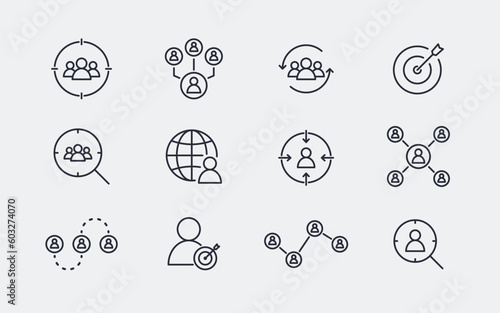 Black linear targeting with client vector icons set. Marketing and traffic targeting concept icons design.