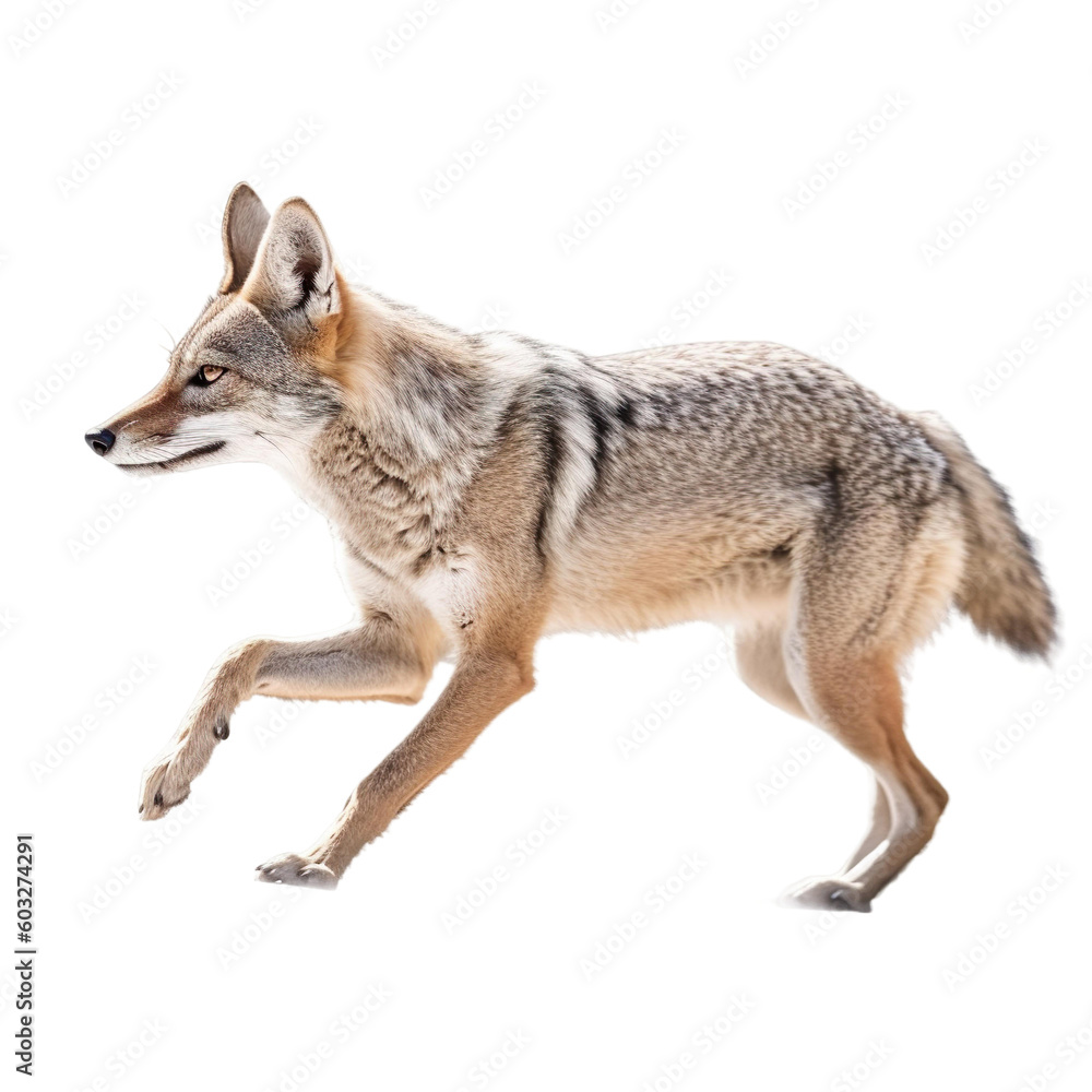 Fototapeta premium side view of animal jackal running on transparent background, Generative Ai