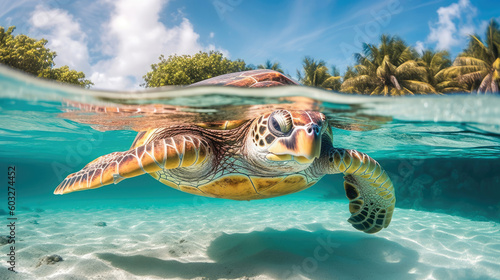Giant turtle in the ocean. The Maldives island. Generative AI © piai
