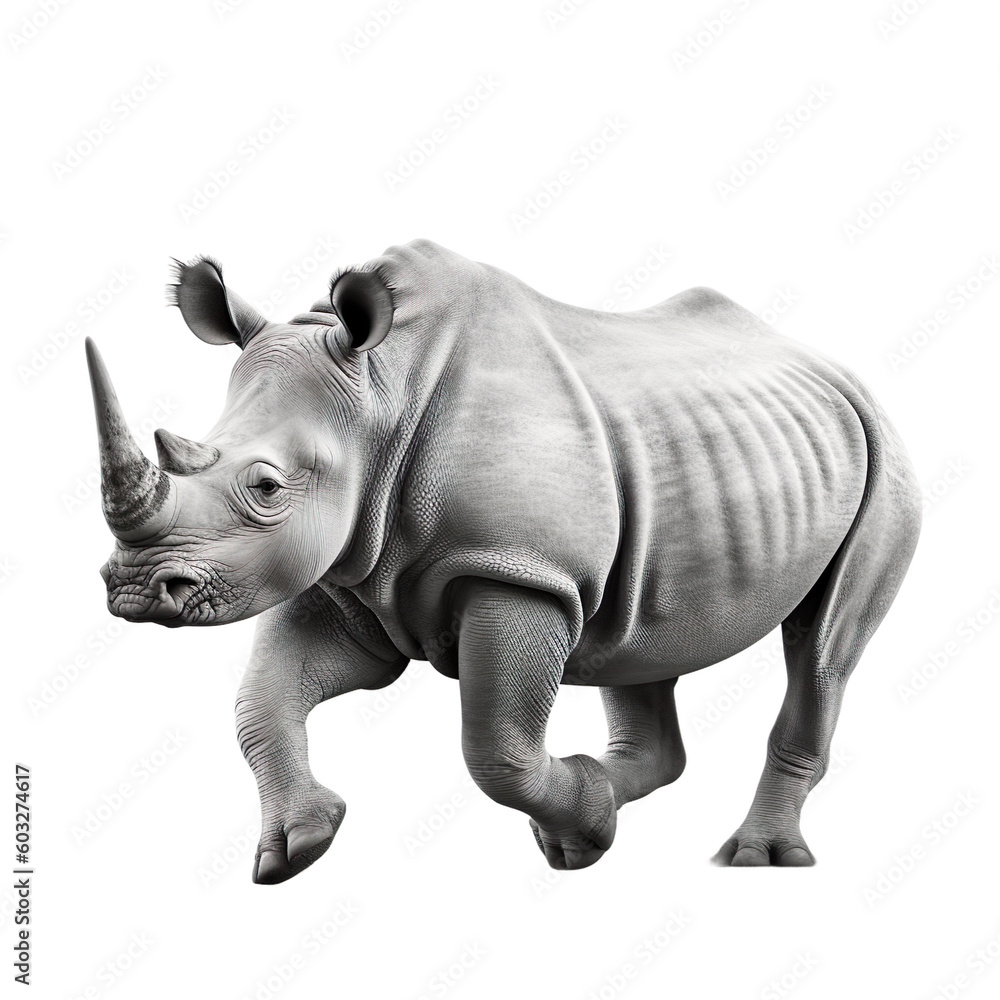 side view of animal rhinoceros  running on transparent background, Generative Ai