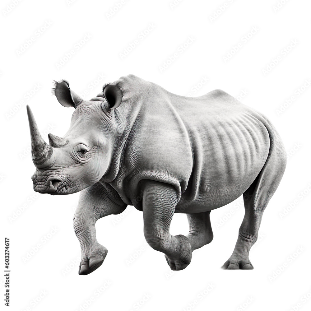 Fototapeta premium side view of animal rhinoceros running on transparent background, Generative Ai