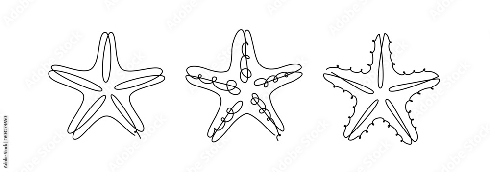 STARFISH LINE ART set. Vector starfish. Continuous Line Drawing Vector for print poster, card, sticker tattoo. Single line art. One Line Hand Drawn Illustration of Sea Star. Simple outline style