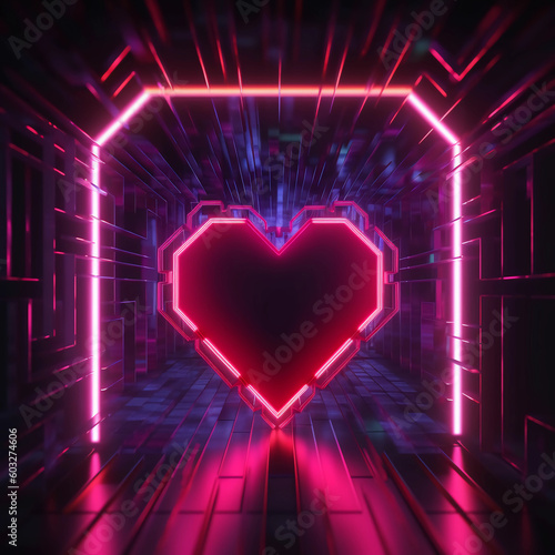 Abstract heart shape neon background, Beautiful frame and extraterrestrial landscape under the night sky and Rocks. Futuristic minimalist wallpaper. Created with Generative AI.