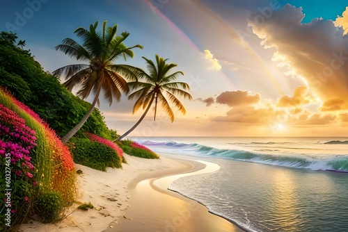 Beautiful summer vacation holidays, sea beach with palm tree leaves & various colorful flower background, rainbow shining this hot sunny time 