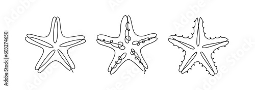STARFISH LINE ART set. Vector starfish. Continuous Line Drawing Vector for print poster, card, sticker tattoo. Single line art. One Line Hand Drawn Illustration of Sea Star. Simple outline style
