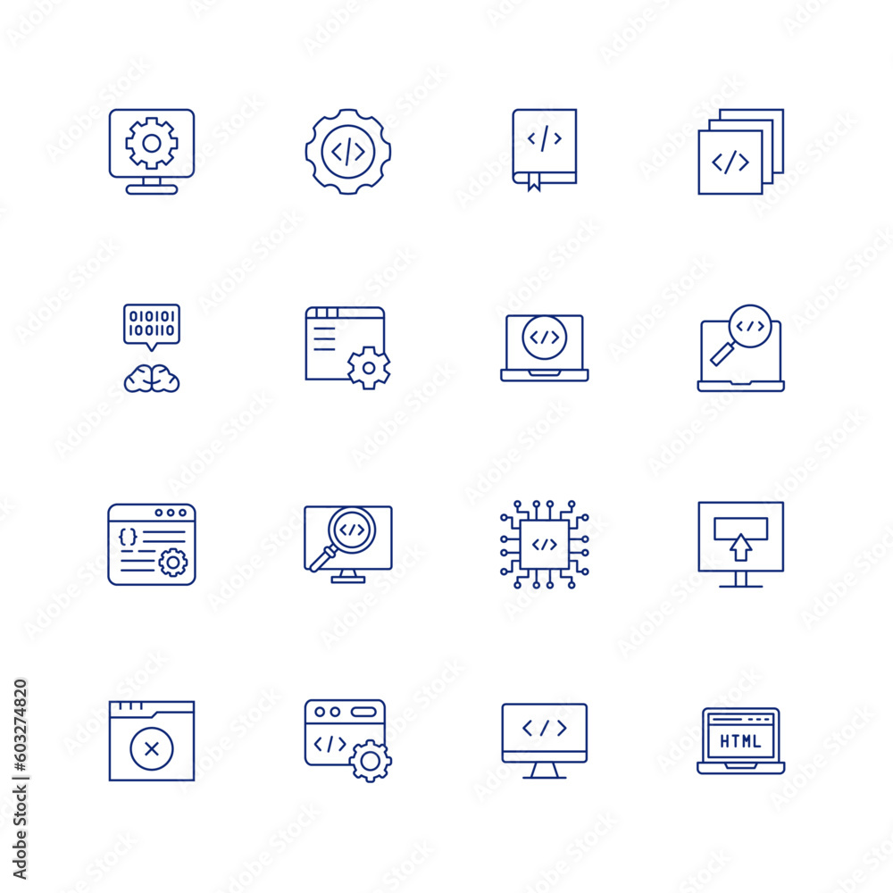 Programming icon set. Editable stroke. Thin line icon. Containing cogwheel, programming, coding book, layers, coding, web development, search, analysis, cpu, web, no results, html.