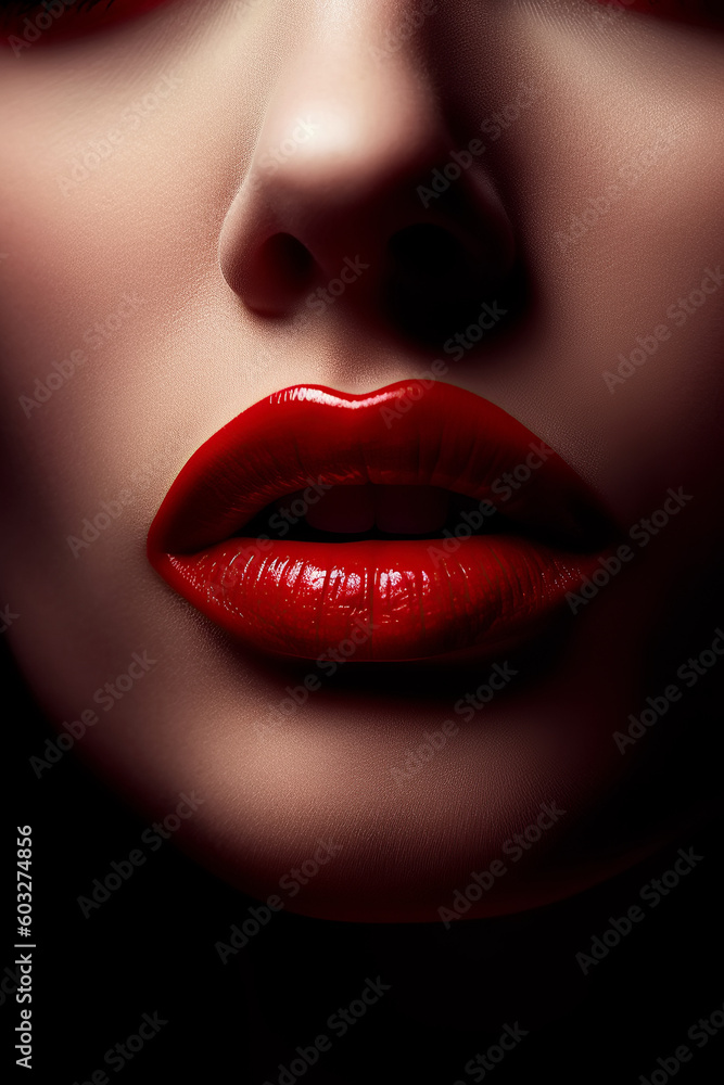 Obraz premium woman lips with red lipstick with open female mouth close-up. Beauty concept. Generative AI illustration