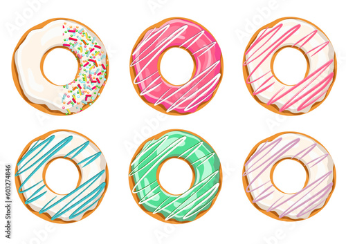 Bundle of 6 sweet colorful donuts with stripes and  sprinkle