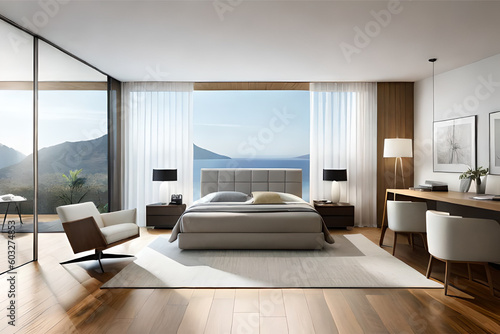 Interior design of a minimalist bedroom with luxurious fabrics, light colors, and big glass windows that exudes tranquility and simplicity   Generative AI © DesignDynasty
