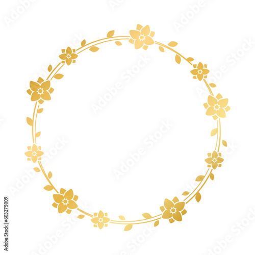 Round gold floral frame template. Luxury golden frame border for invite, wedding, certificate. Vector art with flowers and leaves.