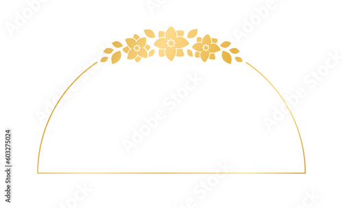 Gold geometric floral frame template. Luxury golden frame border for invite, wedding, certificate. Vector art with flowers and leaves.