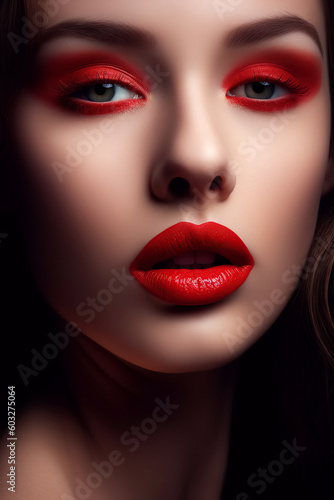 Sexy female lips with red lipstick close-up. Concept of female beauty. Generative AI illustration