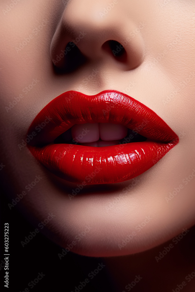 women's lips with red lipstick and an open female mouth with white teeth macro. Concept of beauty. Generative AI women's lips with red lipstick and an open female mouth with white teeth macro. Concept of beauty. Generative AI