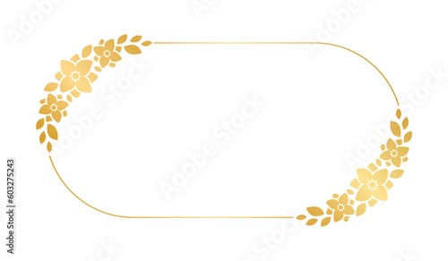 Gold oval floral frame template. Luxury golden frame border for invite, wedding, certificate. Vector art with flowers and leaves.