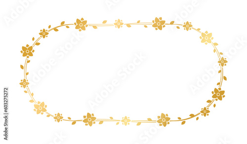 Gold oval floral frame template. Luxury golden frame border for invite, wedding, certificate. Vector art with flowers and leaves.